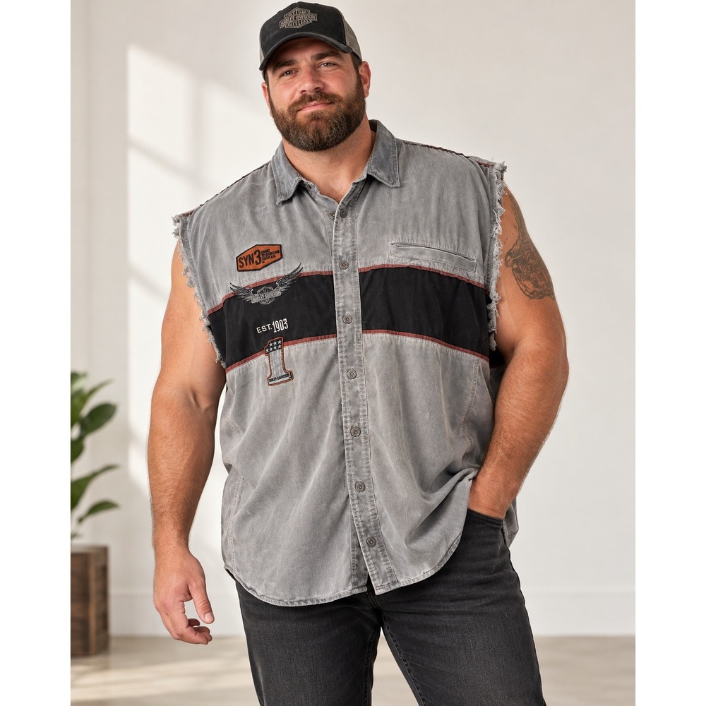 Harley Davidson Mens 3XL Sleeveless Button Down Shirt Gray Black Embroidered